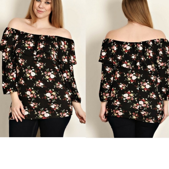 Tops - Plus Size Black Floral Print-Off Shoulder Top